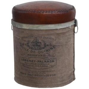 French Industrial Rustic Leather Canvas Perfume Foot Stool Ottoman