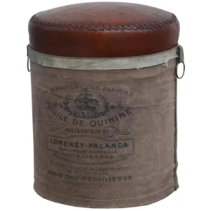 French Industrial Rustic Leather Canvas Perfume Foot Stool Ottoman