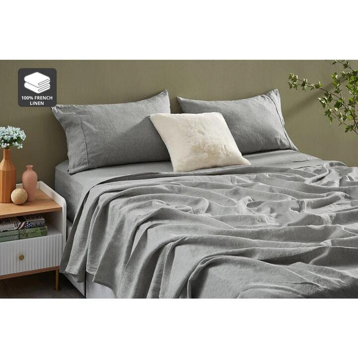 Gabriel French Linen Chambray Bed Sheet Set - Grey, Double