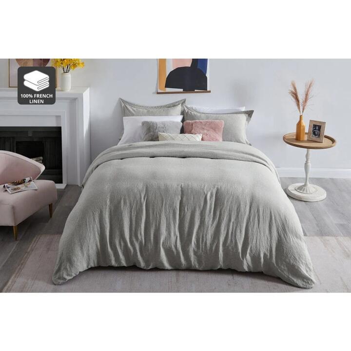 Gabriel French Linen Chambray Quilt Cover Set - Grey, Queen