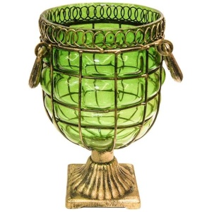 Green Colored European Glass Jar Flower Vase Solid Base with Metal Handle