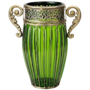 Green European Colored Glass Home Decor Jar Flower Vase with Two Metal Handle