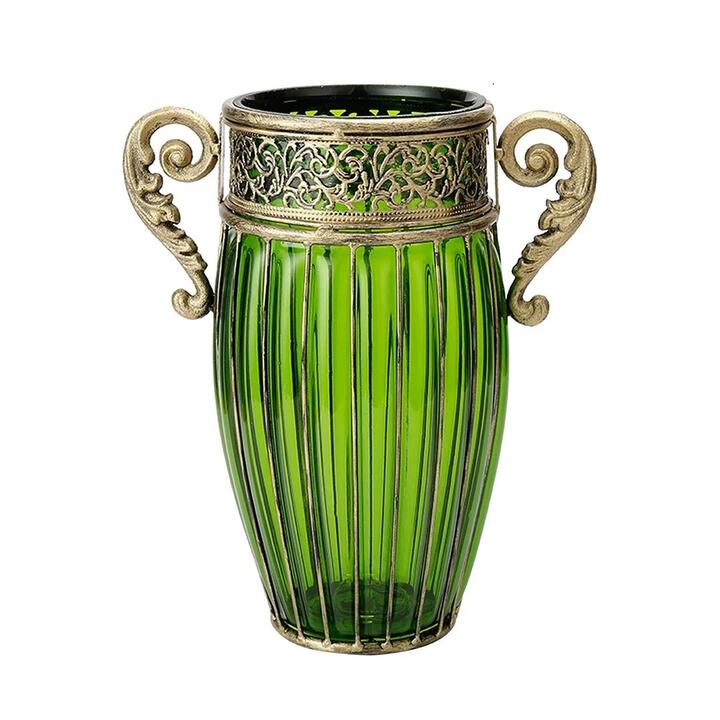 Green European Colored Glass Home Decor Jar Flower Vase with Two Metal Handle