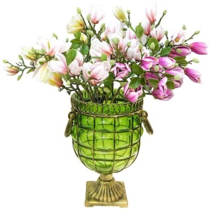 Green Glass Flower Vase with 6 Bunch 4 Heads Artificial Fake Silk Magnolia denudata Home Decor Set
