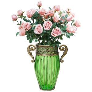 Green Glass Flower Vase with 8 Bunch 5 Heads Artificial Fake Silk Rose Home Decor Set