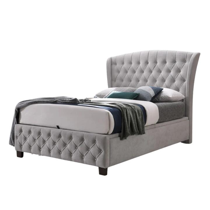 Howlan Fabric Button Tufted Gas Lift Storage Bed Frame Queen Size Light Grey