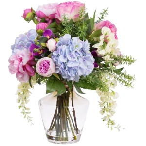 Hydrangea, Peony & Wisteria Mixed Artificial Fake Plant Decorative Arrangement 56cm In Glass