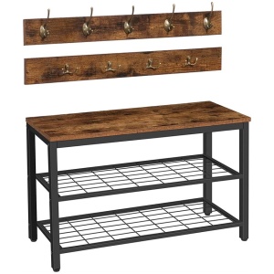 Industrial Design Entryway Shoe Rack with Coat Hooks Organizer (Brown)