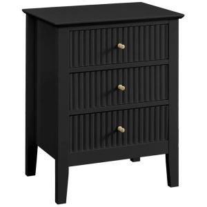 Issey Modern Wooden Bedside Nightstand Side Table Fluted 3-Drawers - Black