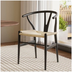 Kitchen Dining Chair Wooden Rattan Wishbone Black