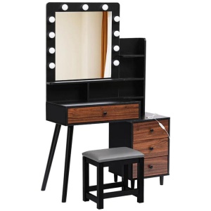 LED Dressing Table Stool Set in Black and Brown| 11 Dimmable Bulbs, Bedside Cabinet, and Ample Storage (Black and Brown)