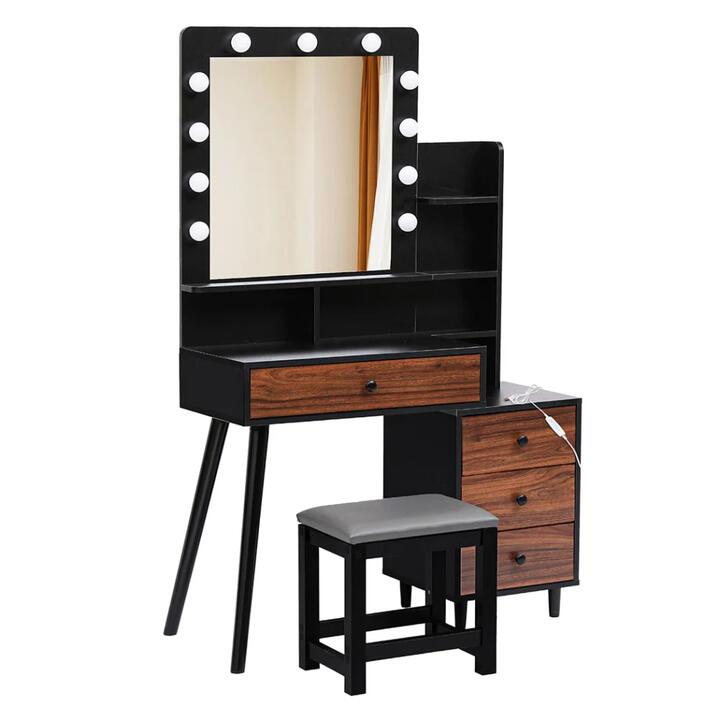 LED Dressing Table Stool Set in Black and Brown| 11 Dimmable Bulbs, Bedside Cabinet, and Ample Storage (Black and Brown)
