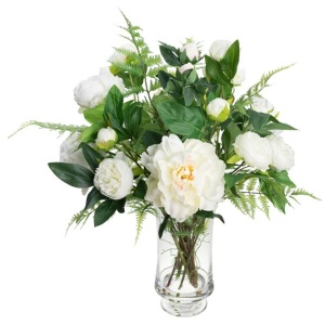 Large Peony Arrangement Artificial Fake Plants Decoration 65cm In Glass White