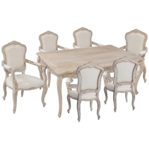 Medium Sizes Oak Wood White Washed Finish Arm Chair 7pcs Dining Set