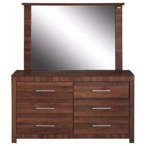 Modern 6-Drawer Dresser LowBoy Sideboard Buffet Unit With Mirror - Walnut