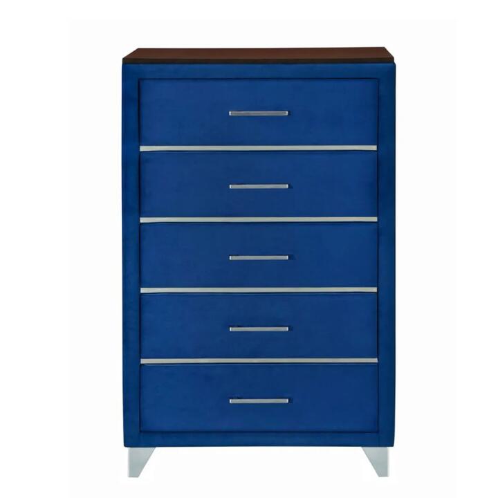 Modern Velvet Chest Of 5-Drawers Tallboy Storage Cabinet Navy Blue