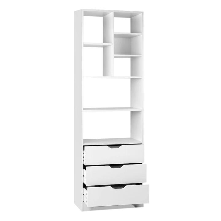 Modern Wooden Bookcase Display Shelf Storage Cabinet W/ 3-Drawers - White