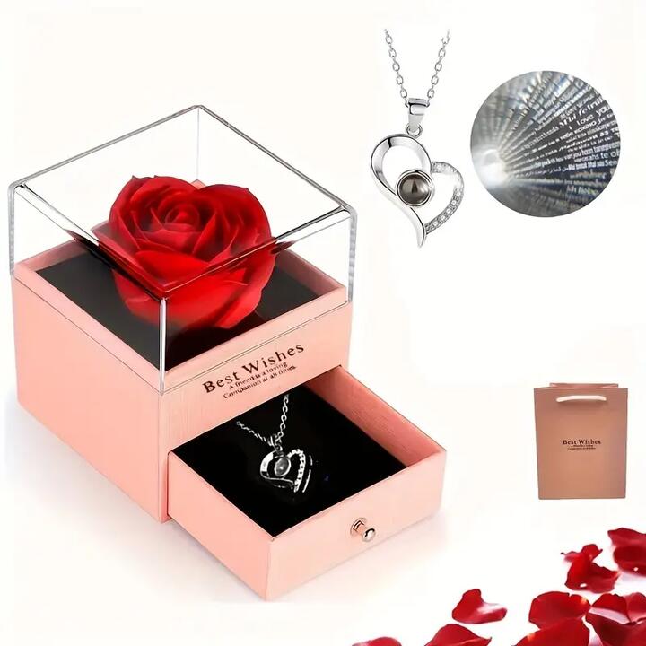 NNETM Romantic Heart Necklace and Soap Flower Rose Set - Pink
