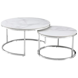 Nesting Style Coffee Table - White on Silver Stainless Steel - 80cm/60cm