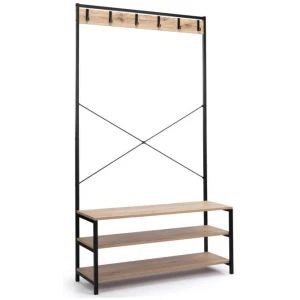 Nico Industrial Hall Tree Coat Rack 3-Tier Hallway Shoe Bench Cabinet - Oak/Black