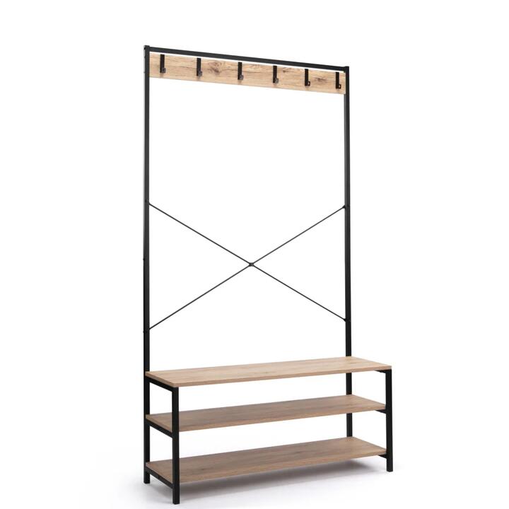 Nico Industrial Hall Tree Coat Rack 3-Tier Hallway Shoe Bench Cabinet - Oak/Black