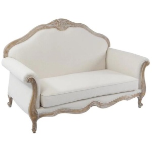 Oak Wood White Washed Finish Rolled Armrest 2 Seater Sofa Linen Fabric