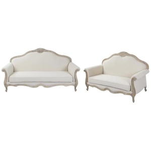 Oak Wood White Washed Finish Rolled Armrest 3+2 Seater Sofa Set Linen Fabric