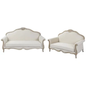 Oak Wood White Washed Finish Rolled Armrest 3+2 Seater Sofa Set Linen Fabric