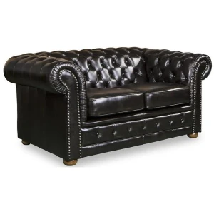 Olivia 2-Seater Genuine Leather Upholstery Deep Quilting Pocket Spring Button Studding Sofa - Brown Color