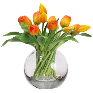 Orange Tulip Artificial Faux Flower Plant Decorative Arrangement In Fishbowl