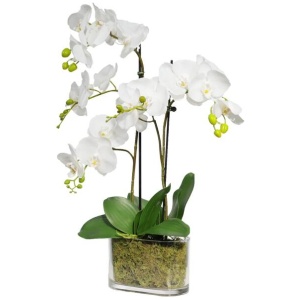 Orchid 60cm Artificial Faux Plant Decorative Arrangement In Flat Glass White