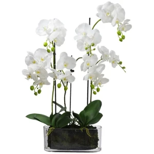 Orchid 70cm Artificial Faux Plant Decorative Arrangement In Flat Glass White