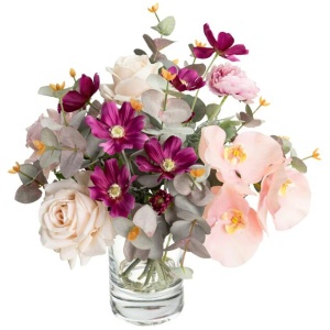 Orchid & Cosmo Artificial Faux Plant Decorative Mixed Arrangement 42cm In Glass
