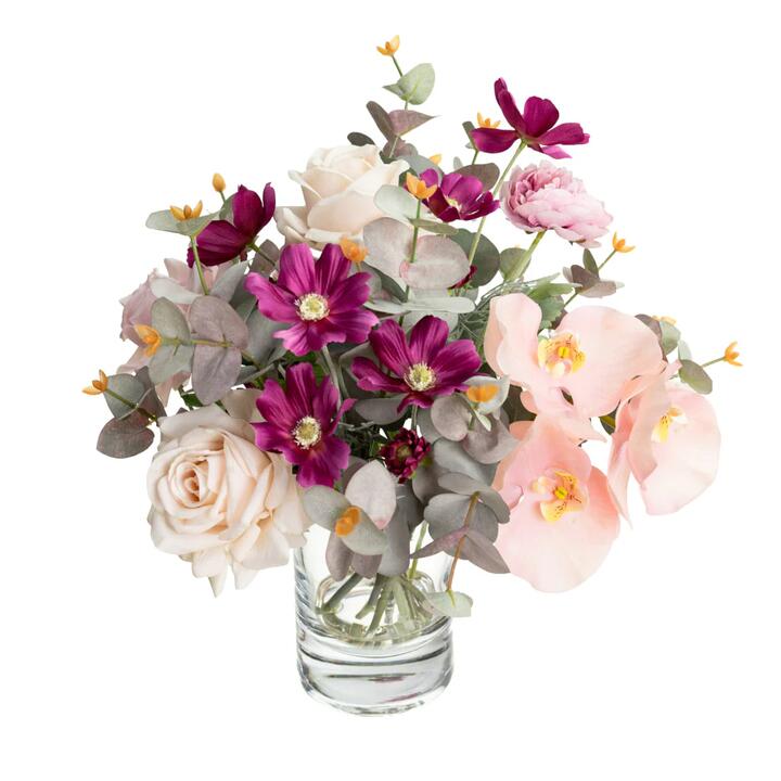 Orchid & Cosmo Artificial Faux Plant Decorative Mixed Arrangement 42cm In Glass