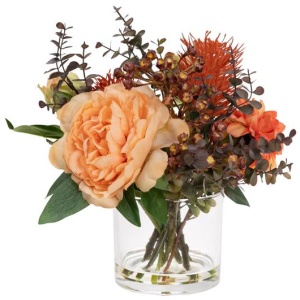 Peony & Banksia 30cm Peach Artificial Faux Plant Flower Decorative Mixed Arrangement In Glass
