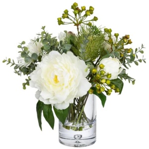 Peony & Banksia 30cm White Artificial Faux Plant Flower Decorative Mixed Arrangement In Glass