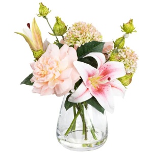 Peony & Pink Lily 35cm Artificial Plant Flower Arrangement Decorative In Glass