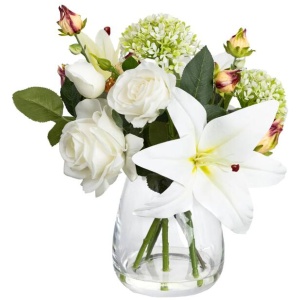 Peony & White Lily 35cm Artificial Plant Flower Arrangement Decorative In Glass