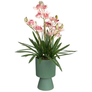 Pink Cymbidium 90cm Artificial Plant Flower Arrangement Decorative In Ripple Pot