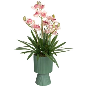 Pink Cymbidium 90cm Artificial Plant Flower Arrangement Decorative In Ripple Pot