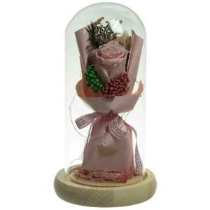 Pink Floral Artificial Fake Plant Decorative 21cm In Glass Dome