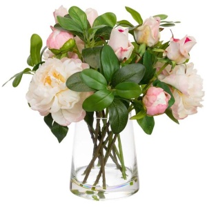 Pink Peony & Rose Artificial Faux Plant Flower Decorative Mixed Arrangement 36cm In Glass