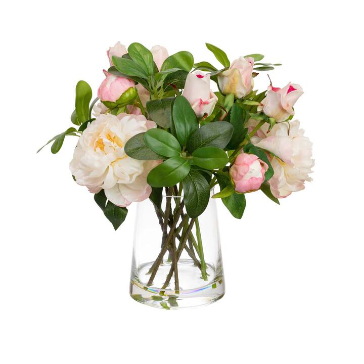 Pink Peony & Rose Artificial Faux Plant Flower Decorative Mixed Arrangement 36cm In Glass