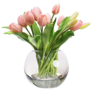 Pink Tulip 29cm Artificial Faux Flower Plant Decorative Arrangement In Fishbowl