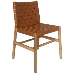 Piper Woven Leather Dining Chair Wooden legs - Brown