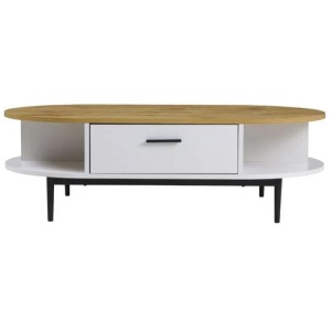 Polish 1-Drawer Oval Wooden Coffee Table W/ Open Compartments - White/Natural