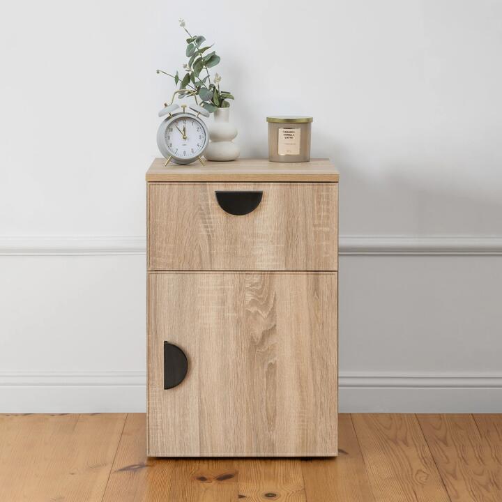Porto Bedside Table - Natural Oak - Slim - Half Moon Black