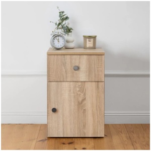 Porto Bedside Table - Natural Oak - Slim - Round Black