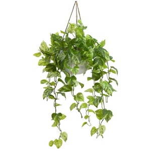 Pothos Bush Artificial Fake Plant Decorative Arrangement 104cm In Hanging Planter Marble Green