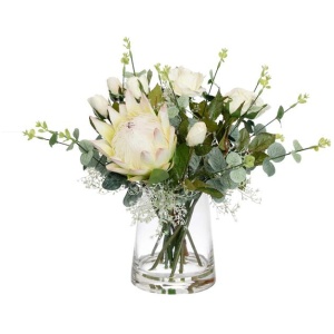 Protea & Rose Mixed Artificial Fake Plant Decorative Arrangement 40cm In Glass Multicolour